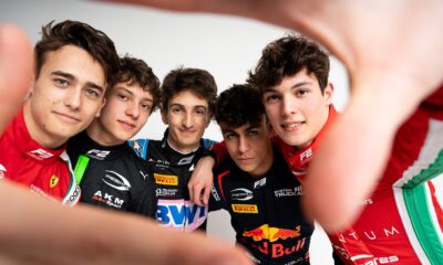I piloti di F2 e F3 della Prema nel 2024. Da sx: Dino Beganovic, Andrea Kimi Antonelli, Gabriele Minì, Arvid Lindblad, Oliver Bearman