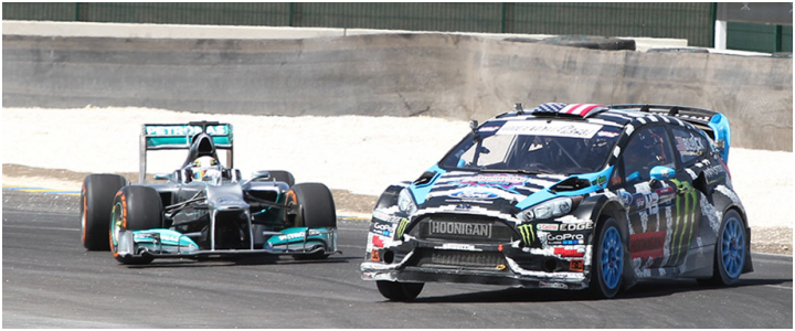 Lewis Hamilton sfida il compianto Ken Block durante il Top Gear Festival Barbados 2014