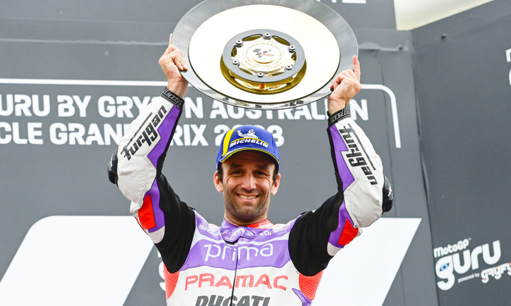 Johann Zarco festeggia la sua prima vittoria sul podio in Australia nel 2023