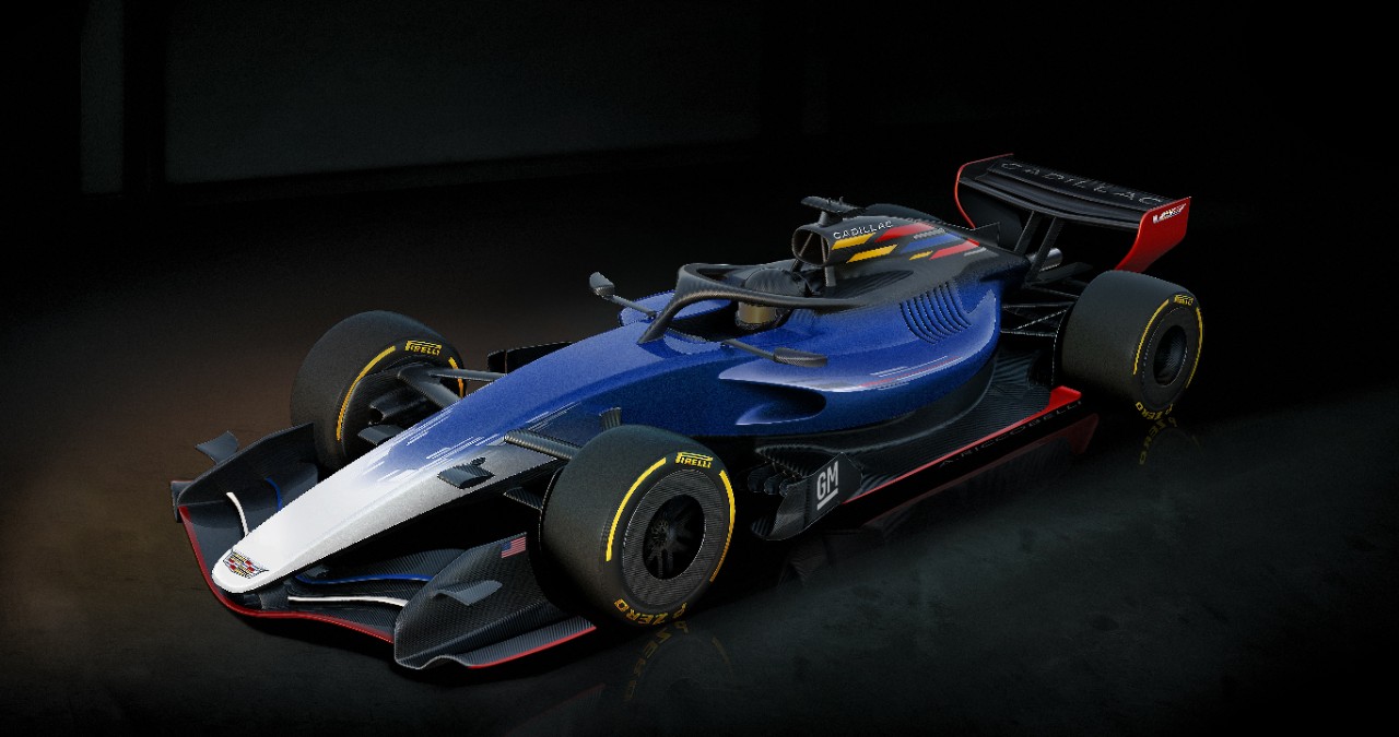 Un rendering di una F1 brandizzata Cadillac. Il marchio statunitense entra in F1 dal 2026 (© General Motors)