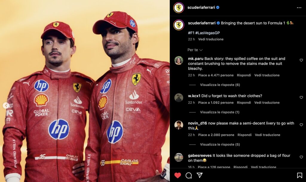 I commenti su Instagram sulle nuove tute Ferrari (© IG Scuderia Ferrari HP)