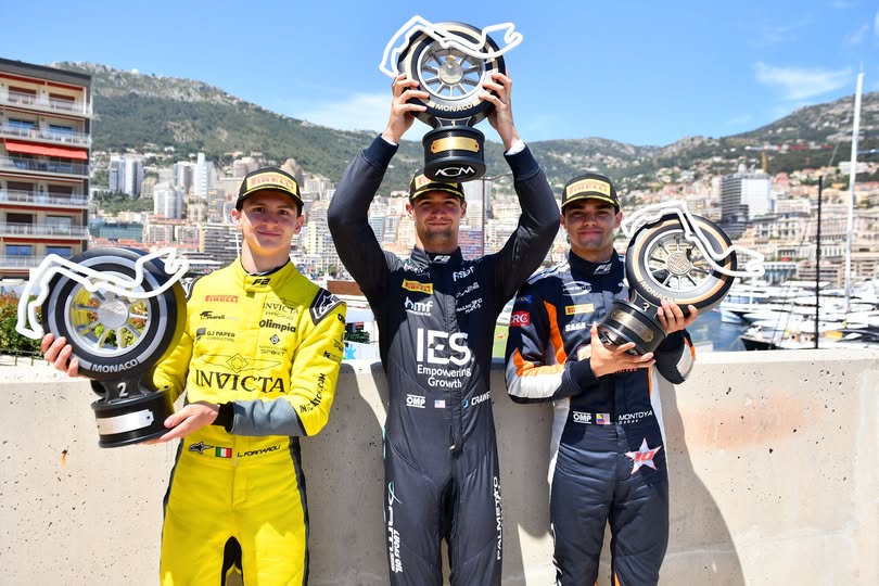 MONTE-CARLO, MONACO - MAY 25: Race winner Jak Crawford of United States and DAMS Lucas Oil (11) Second placed Leonardo Fornaroli of Italy and Invicta Racing (1) and Third placed Sebastian Montoya of Colombia and PREMA Racing (9) with their trophies during the Round 5 Monte Carlo Feature race of the Formula 2 Championship at Circuit de Monaco on May 25, 2025 in Monte-Carlo, Monaco. (Photo by James Sutton - Formula 1/Formula Motorsport Limited via Getty Images)