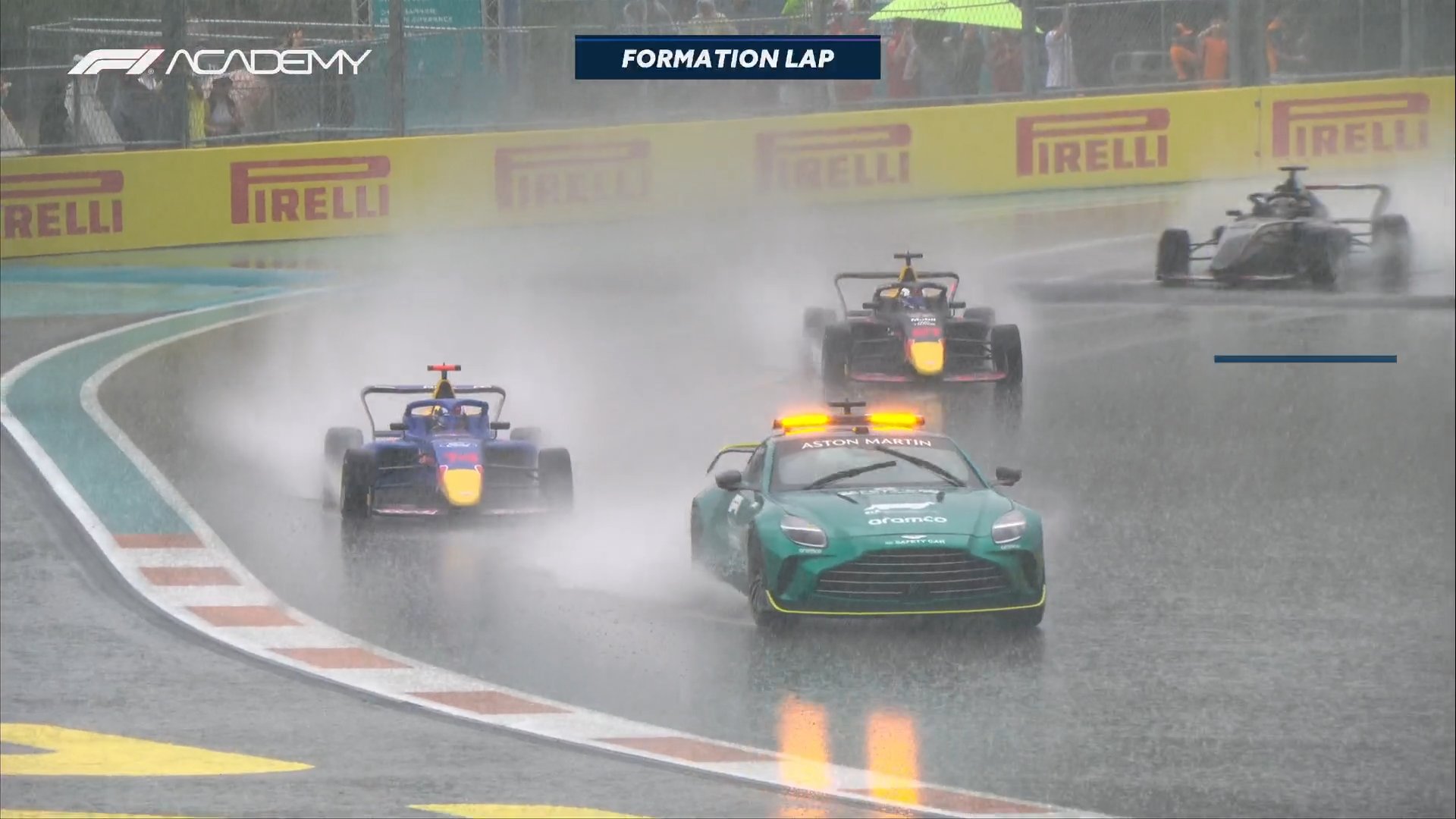 I giri di formazione di Gara 2 dietro alla Safety Car. Il maltempo ha causato il rinvio della Gara