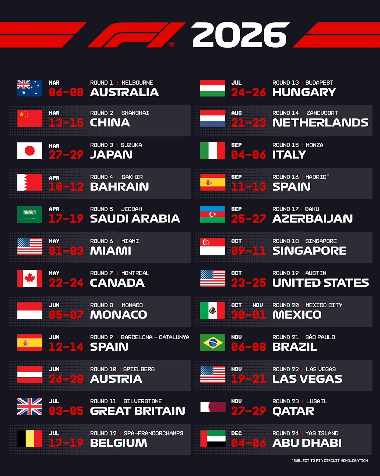 Il calendario F1 del 2026 (© F1)