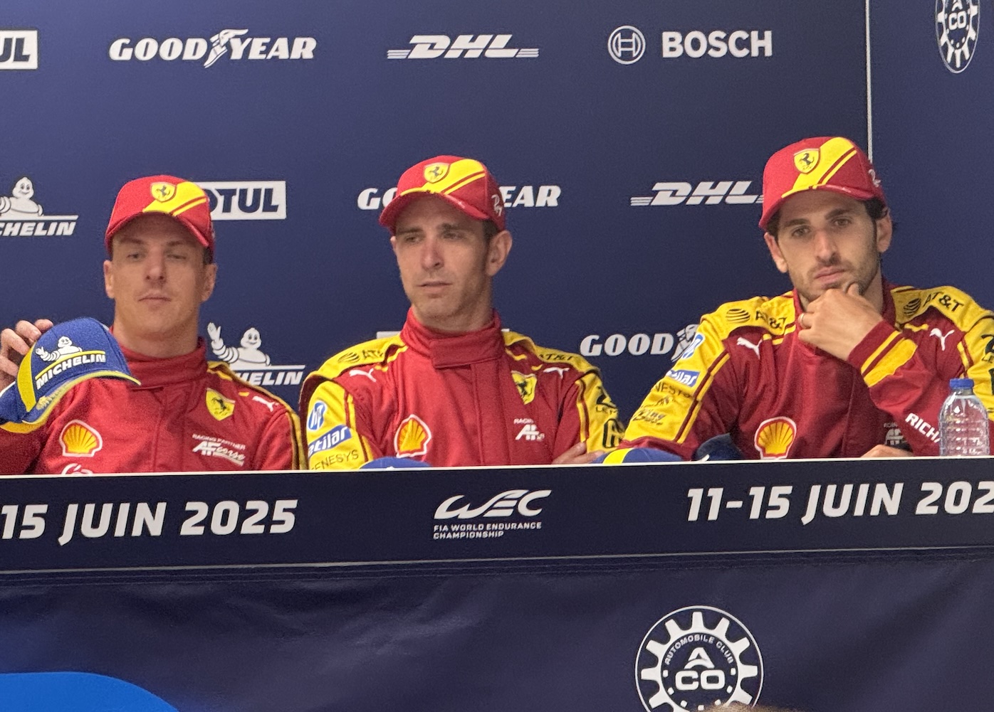 I piloti della Ferrari #51 Calado, Pier Guidi e Giovinazzi hanno rilasciato le loro dichiarazioni dopo la 24 Ore di Le Mans 2025 (© 1000 Cuori Motori - Giulia Giacomelli)