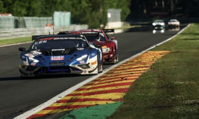 La #63 Lamborghini GRT in testa alla 20ª ora della 24 Ore di Spa 2025 (© SRO/JEP)
