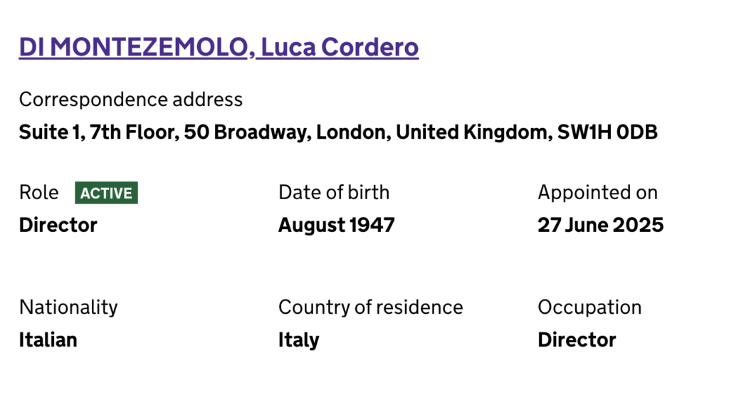 La schermata su Luca Cordero di Montezemolo in McLaren dal portale GOV UK