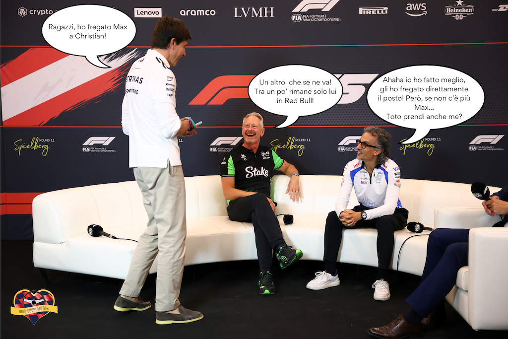 Un ipotetico dialogo tra Wolff, Wheatley e Mekies (© Red Bull Content Pool - 1000 Cuori Motori)