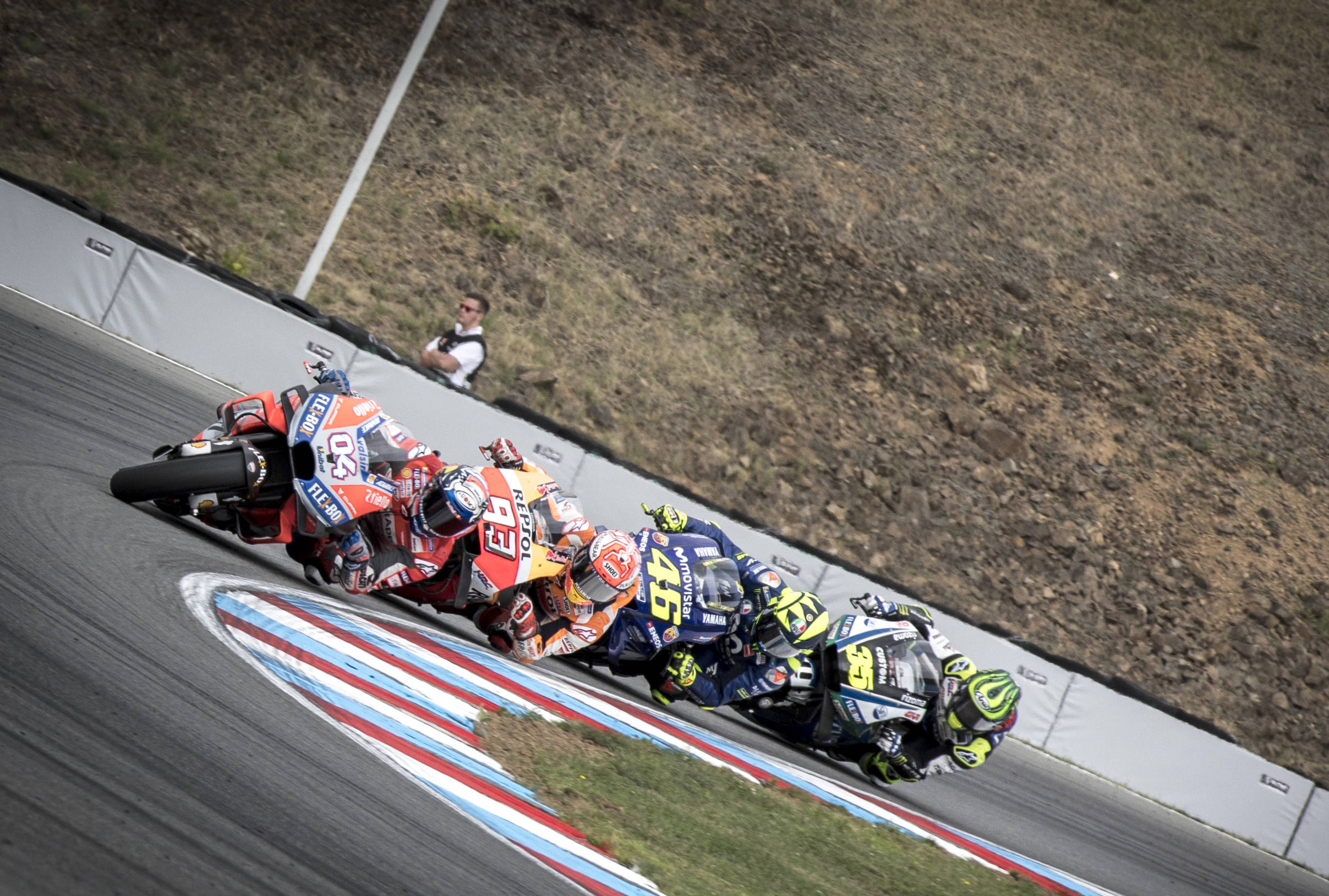 Dovizioso, Marquez, Rossi e Crutchlow in azione a Brno nel 2018