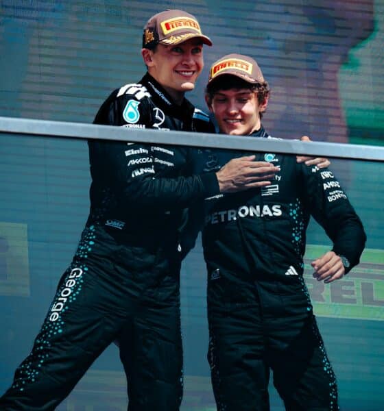 Kimi Antonelli con George Russell sul podio del GP del Canada 2025