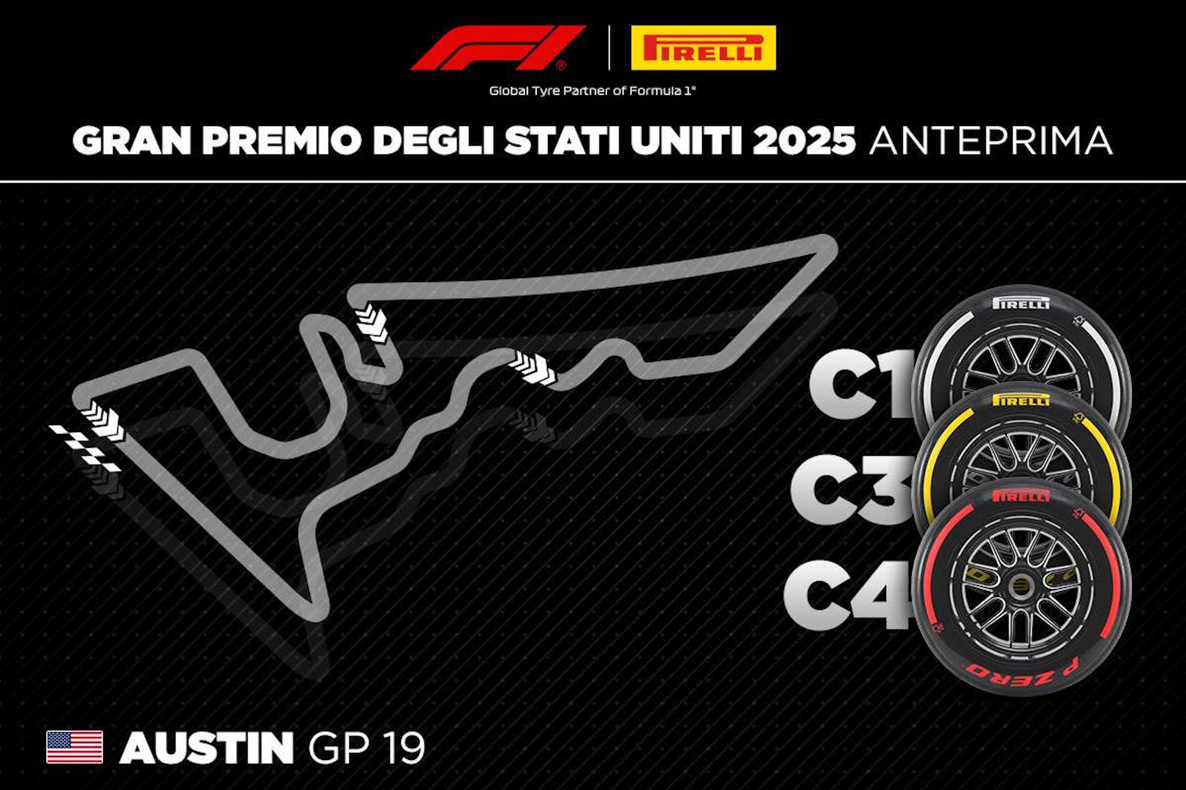 Le mescole scelte da Pirelli. La Hard sarà una C1, la Media una C3, mentre la Morbida una C4