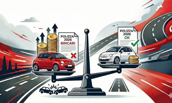 llustrazione in stile flat design che analizza i rincari RC Auto 2026: una Fiat 500 rossa su una bilancia pesa di più a causa di un sinistro, mentre un'auto bianca pesa di meno. Inclusi simboli di monete euro e documenti assicurativi.