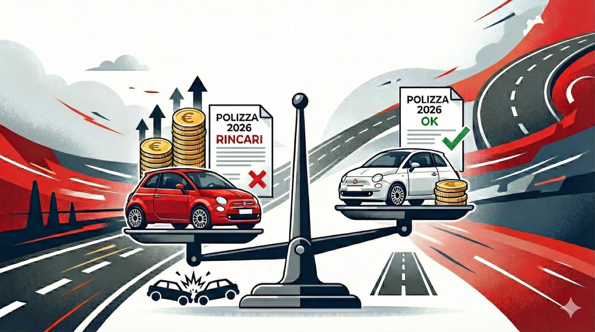 llustrazione in stile flat design che analizza i rincari RC Auto 2026: una Fiat 500 rossa su una bilancia pesa di più a causa di un sinistro, mentre un'auto bianca pesa di meno. Inclusi simboli di monete euro e documenti assicurativi.