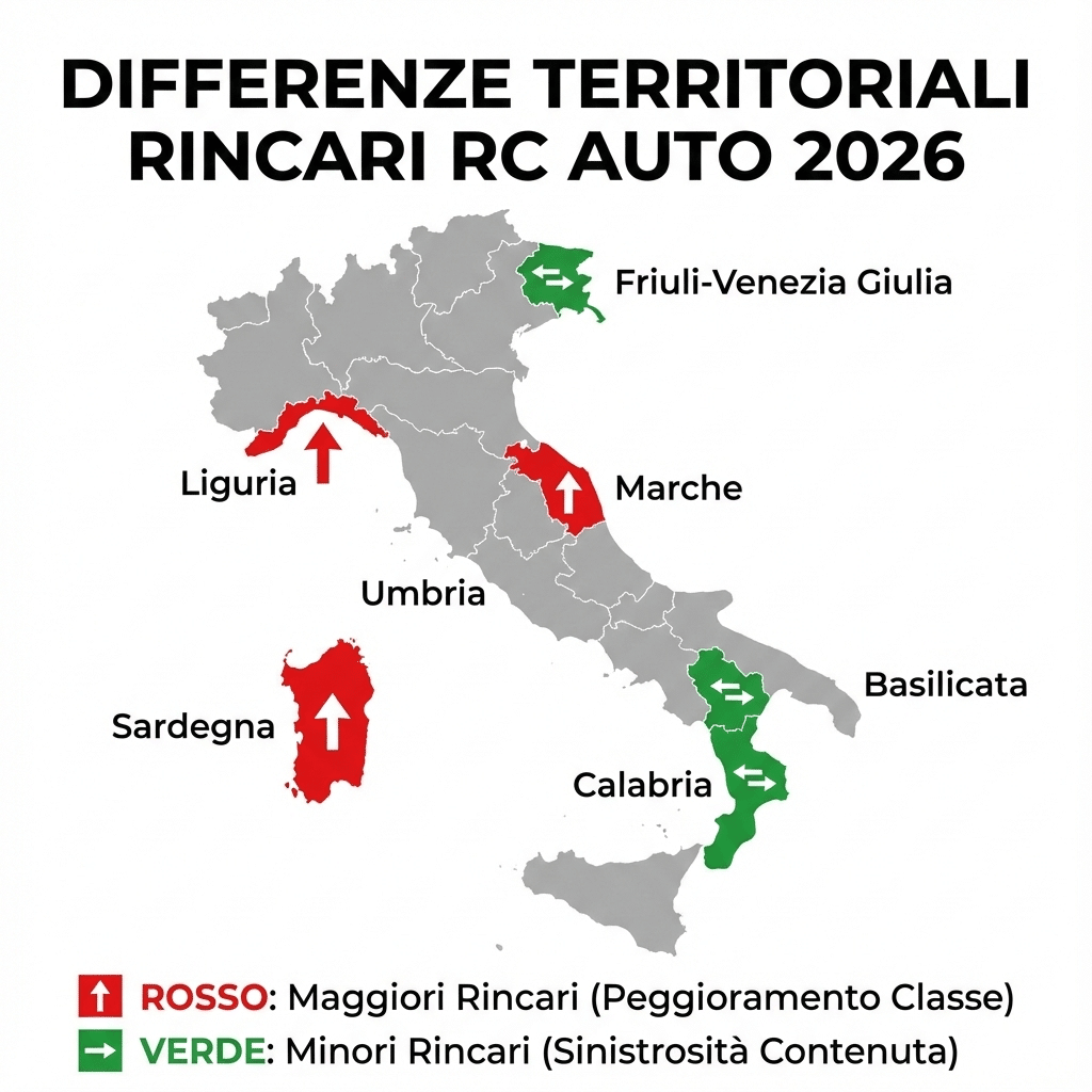 Infografica mappa Italia rincari RC Auto 2026: in rosso le regioni più colpite (Liguria, Marche, Sardegna), in verde quelle con meno sinistri (Calabria, Basilicata, Friuli).