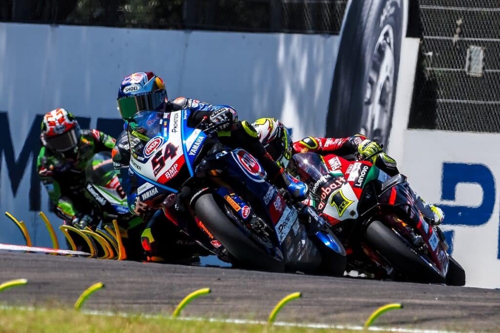 Razgatlioglu, Bautista e Rea in Gara 1 del Round di Imola SBK del 2023 (© SBK)