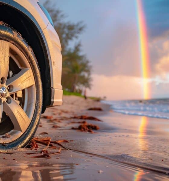 Auto su una spiaggia con l'arcobaleno