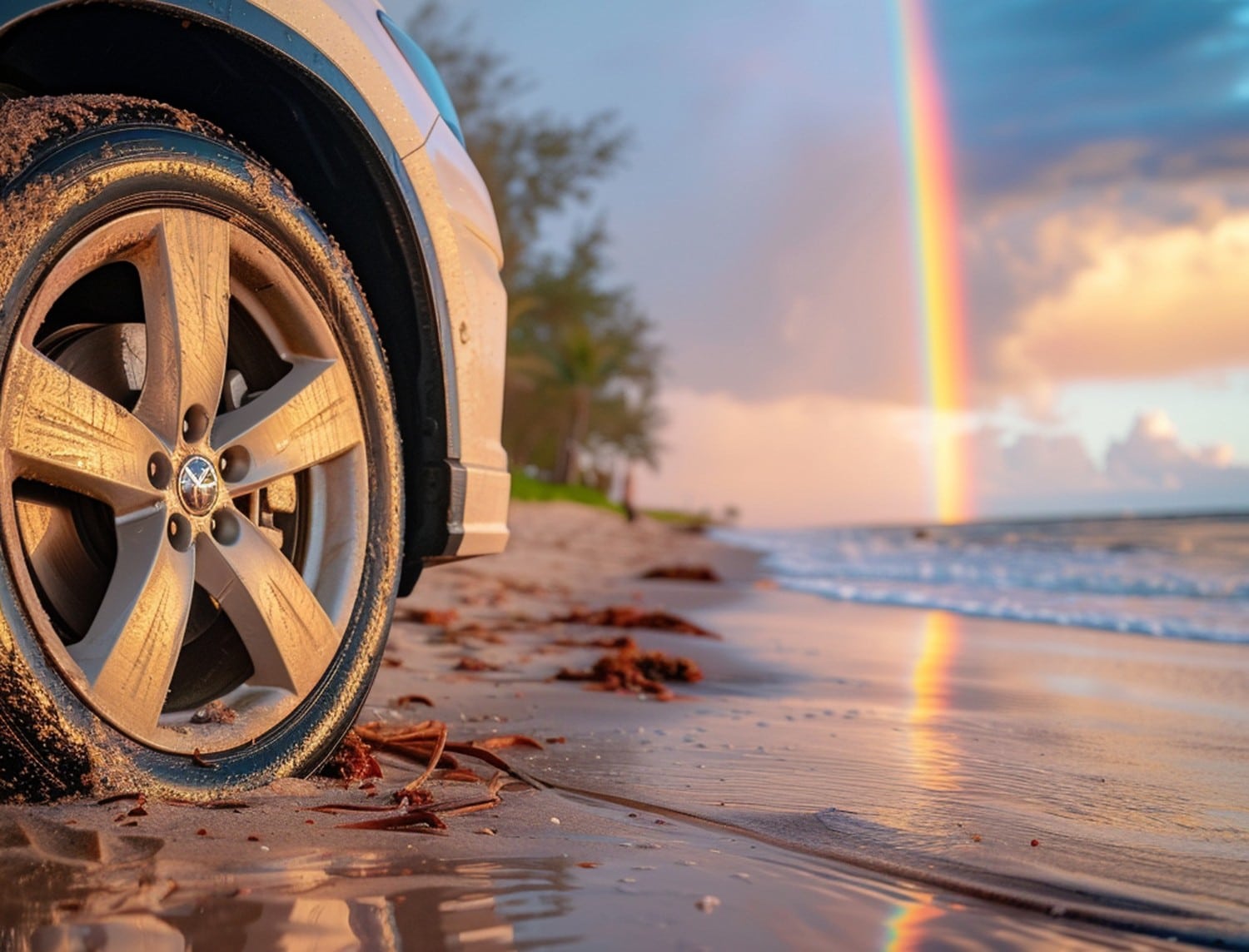 Auto su una spiaggia con l'arcobaleno