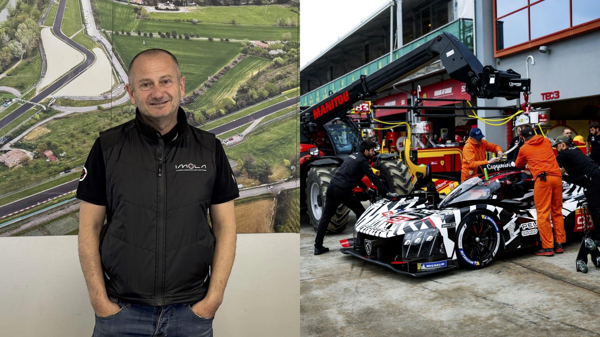 A sinistra il direttore di gara di Imola Massimiliano Ghinassi. A destra, commissari di percorso con la Peugeot Hypercar (© 1000 Cuori Motori / © FIA WEC - DPPI)