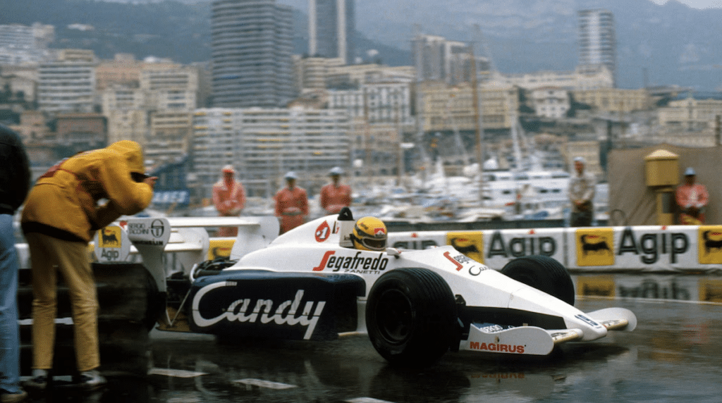 Ayrton Senna sulla Toleman con sponsor Segafredo