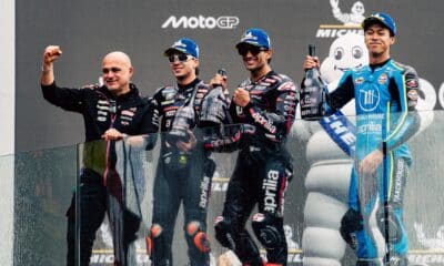 La tripletta Aprilia sul podio del GP di Francia MotoGP (© aprilia.com)