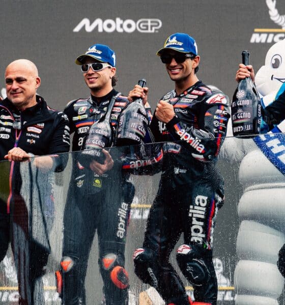 La tripletta Aprilia sul podio del GP di Francia MotoGP (© aprilia.com)
