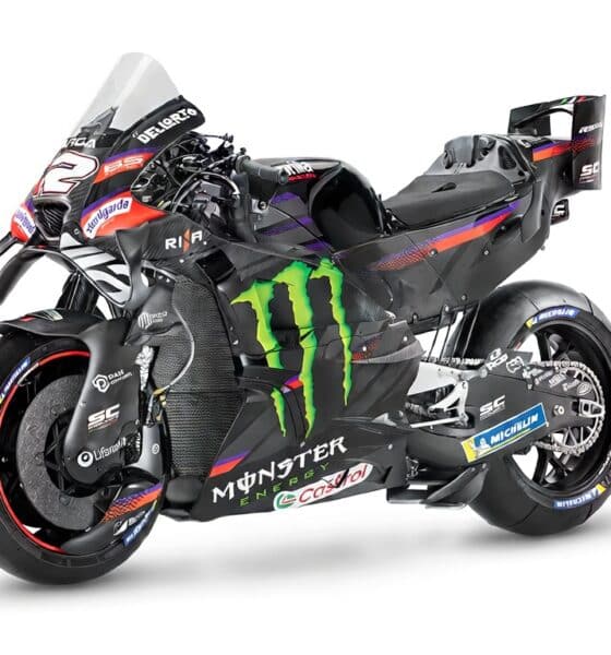 L'ipotesi della livrea Aprilia con il marchio Monster Energy (© immagine originale Aprilia, modificata con l'aiuto dell'AI)