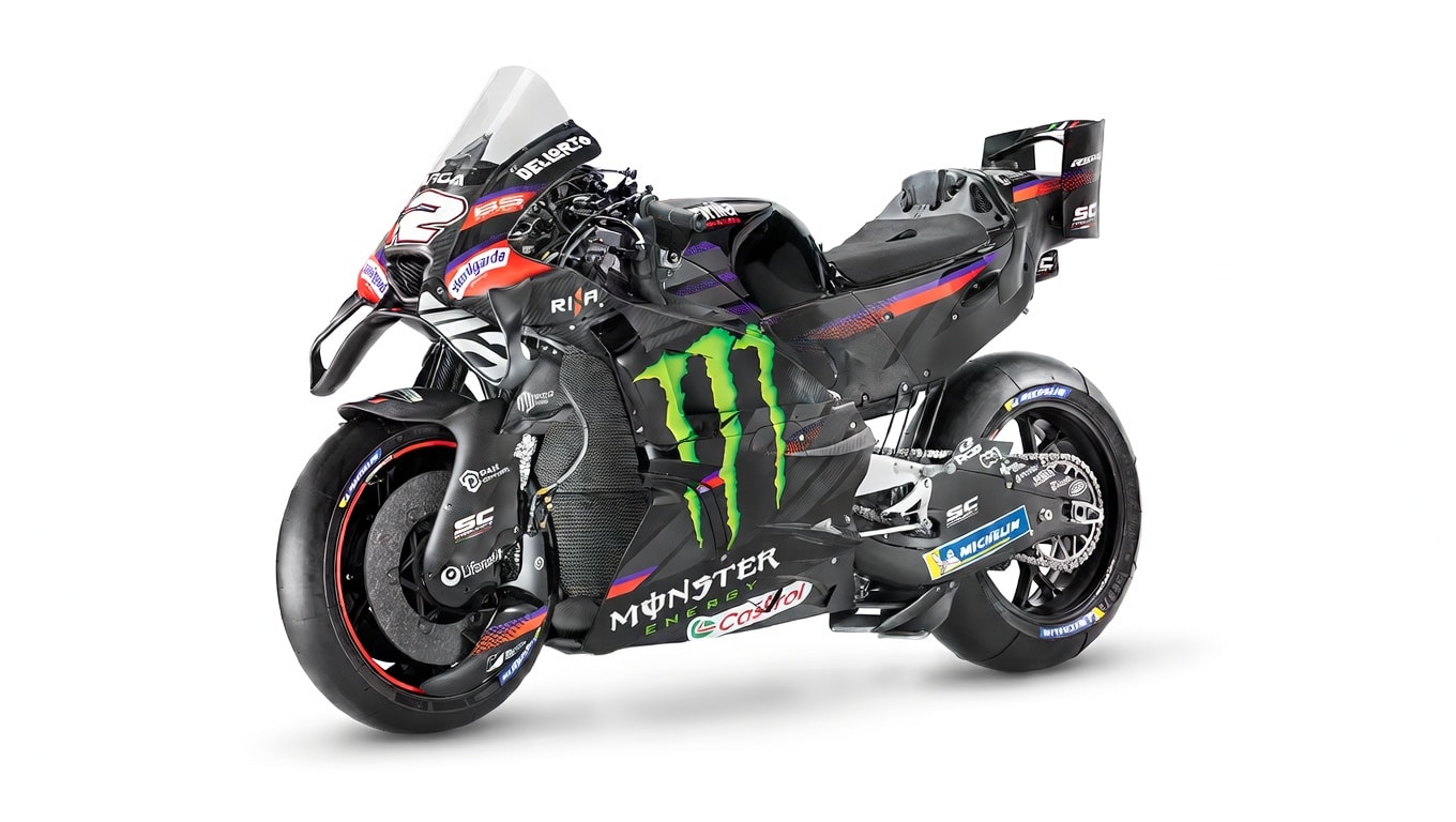 L'ipotesi della livrea Aprilia con il marchio Monster Energy (© immagine originale Aprilia, modificata con l'aiuto dell'AI)