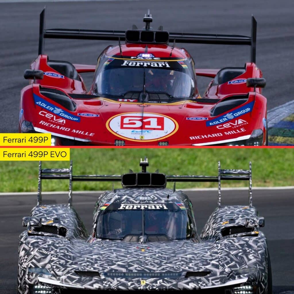 Comparazione dell'alettone posteriore e dell'airscoop delle Ferrari 499P e 499P Evo (© Ferrari / 1000 Cuori Motori)