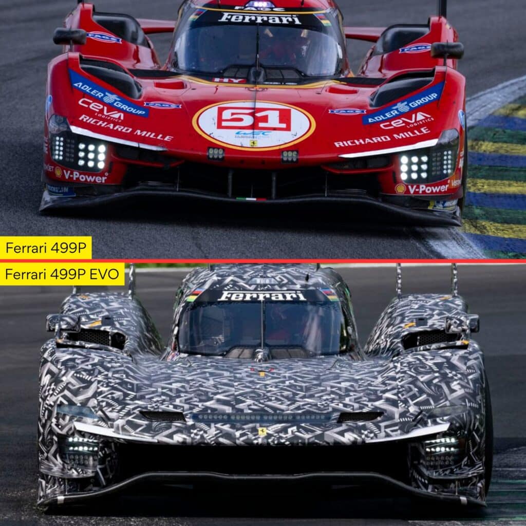 Comparazione dell'anteriore delle Ferrari 499P e 499P Evo (© Ferrari / 1000 Cuori Motori)