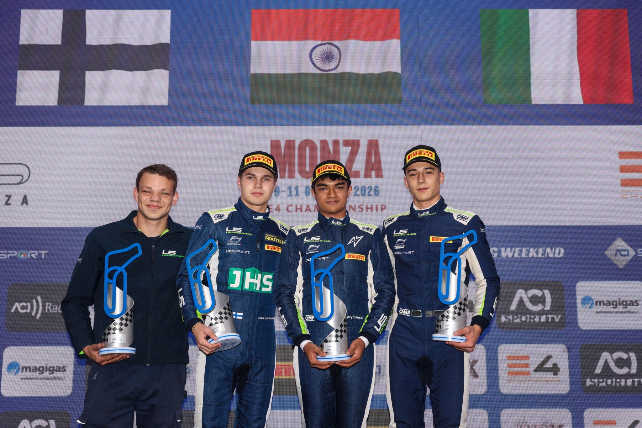 Podio interamente US Racing con Bansal, Sammalisto e Martinese in Gara 2, E4 2026 Monza (© archiviofotografico.acisport.it)