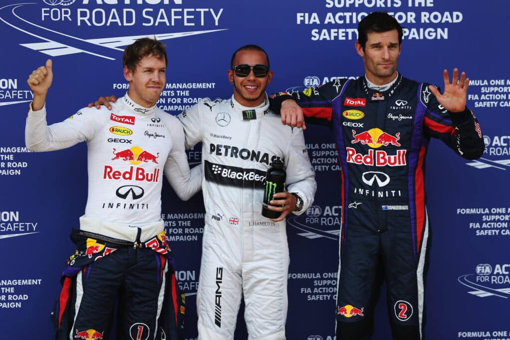 Sebastian Vettel, Lewis Hamilton e Mark Webber nel 2013 (© Red Bull Content Pool)